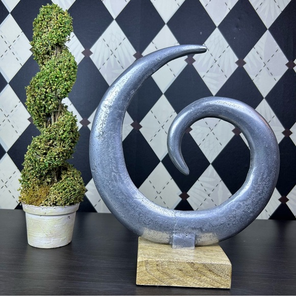 Large Abstract Metal Spiral Sculpture on Wood Base Modern Decor Accent - Picture 6 of 7